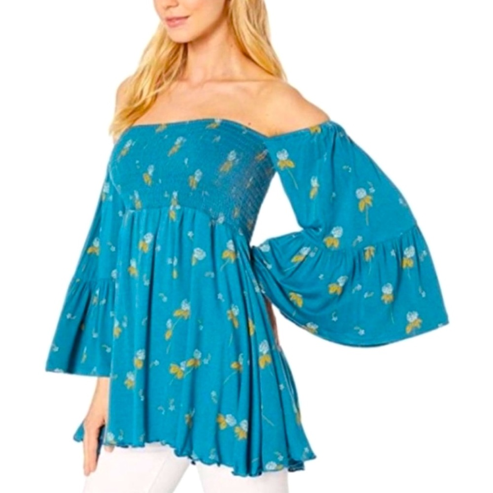 FREE PEOPLE LANA FLORAL SMOCKED OFF SHOULDER TOP